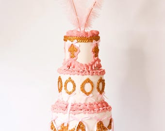Coquette Fake Cake-Marie Antoinette Inspired Fake Cake-Gold and Pink Detail- Feathers-Bows-Rococo Photoshoot Prop-Fake Cake Decoration