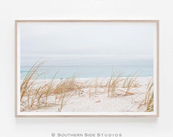 Coastal Beach Print, Neutral Seascape Photography, Sand Dunes Wall Art, Minimalist Ocean Digital Download, Coastal Grass Decor, Pastel Beach