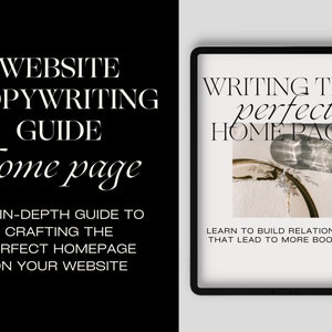 Pode incluir: Um guia digital intitulado "Writing the perfect home page" com uma foto de uma superfície texturizada com reflexos de água. O texto abaixo do título diz "Learn to build relationships that lead to more bookings."