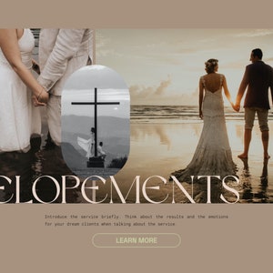 May include: A couple in wedding attire stand on a beach holding hands. The bride is wearing a white dress and the groom is wearing a blue suit. The couple is standing in front of a body of water with a sunset in the background. The text "ELOPEMENTS" is in the foreground of the image.