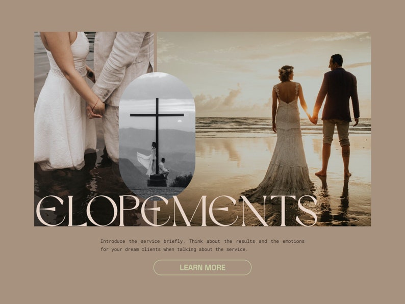 May include: A couple in wedding attire stand on a beach holding hands. The bride is wearing a white dress and the groom is wearing a blue suit. The couple is standing in front of a body of water with a sunset in the background. The text "ELOPEMENTS" is in the foreground of the image.