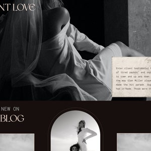 May include: Black and white photo of a woman wearing a white dress and veil. The photo is set against a dark background. The text "CLIENT LOVE" is at the top of the image. The text "WHAT'S NEW ON THE BLOG" is at the bottom of the image. There is a quote from a client testimonial in the bottom right corner of the image.