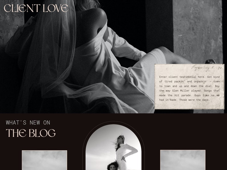 May include: Black and white photo of a woman wearing a white dress and veil. The photo is set against a dark background. The text "CLIENT LOVE" is at the top of the image. The text "WHAT'S NEW ON THE BLOG" is at the bottom of the image. There is a quote from a client testimonial in the bottom right corner of the image.