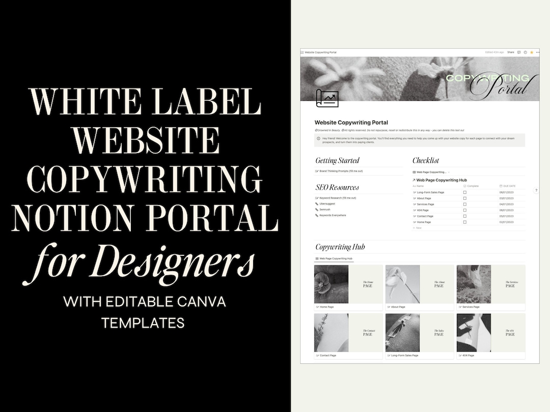 White Label site Copywriting Template in Notion With Editable Canva