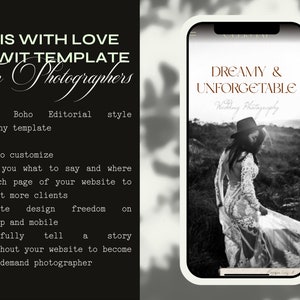 May include: A black and white photo of a bride in a field, with the text "DREAMY & UNFORGETABLE" and "Wedding Photography" on a mobile phone screen. The phone is on a black background with text about a website template for photographers.