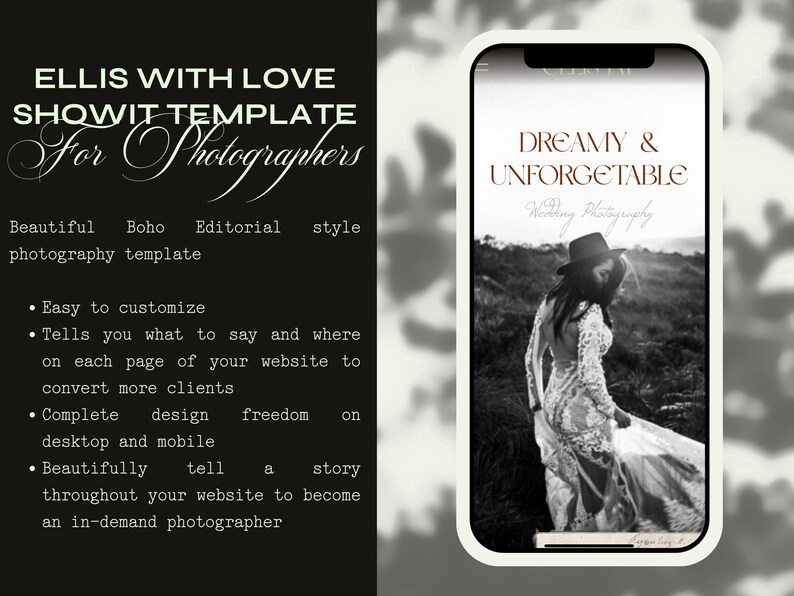 May include: A black and white photo of a bride in a field, with the text "DREAMY & UNFORGETABLE" and "Wedding Photography" on a mobile phone screen. The phone is on a black background with text about a website template for photographers.
