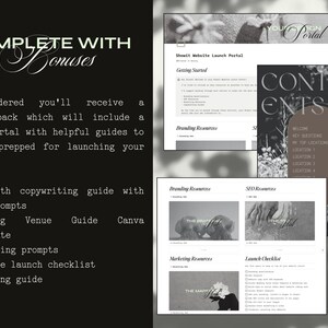 May include: A black and white image of a website design template for a wedding venue. The template includes a checklist, branding resources, and a content outline. The text "Your Design Portal" is visible in the top right corner.