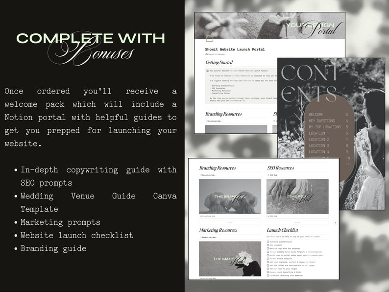 May include: A black and white image of a website design template for a wedding venue. The template includes a checklist, branding resources, and a content outline. The text "Your Design Portal" is visible in the top right corner.