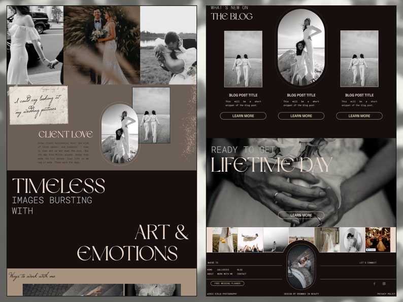 May include: A website homepage for a wedding photographer. The website features a collage of black and white wedding photos, a section titled "What's New on the Blog", and a section titled "Ready to Get Lifetime Day".
