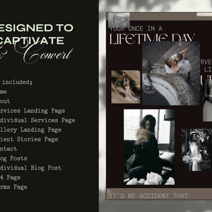 May include: A black and white graphic design with the text "Designed to Captivate & Convert" and a list of web pages included in the design. The graphic also includes a collage of black and white photos of couples in various poses.