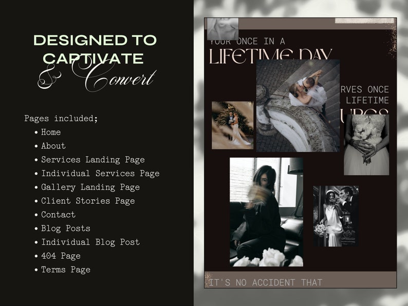 May include: A black and white graphic design with the text "Designed to Captivate & Convert" and a list of web pages included in the design. The graphic also includes a collage of black and white photos of couples in various poses.