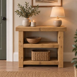 May include: A light brown wooden console table with two shelves. The top surface holds a ceramic vase with green foliage, a lit candle, and a table lamp with a beige shade. A wooden bowl sits on the middle shelf, and a woven basket on the bottom.