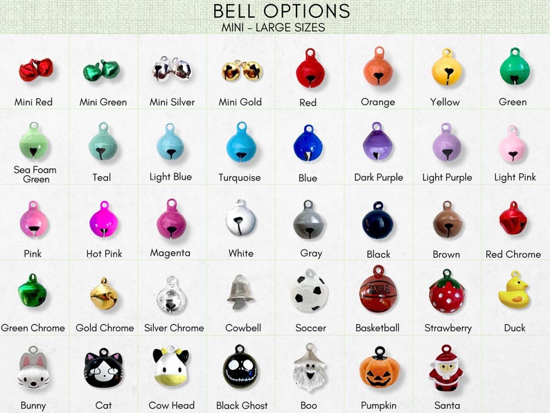 a collection of bell options, including mini bells in various colors and sizes, medium-sized bells, and large bells in different colors and styles.