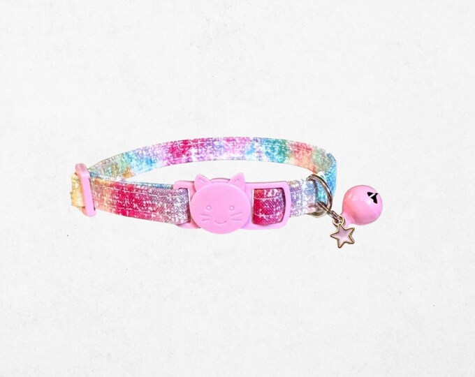 Pink Star Cat Collar - Adjustable Breakaway Buckle, Handmade Comfort Fit - Safety D-Ring, Optional Bells