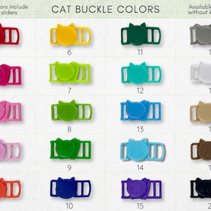 a collection of colorful cat buckle straps, each with a different color and design. The straps are arranged in a grid format, with each row representing a different color and each column representing a different type of strap. The image does not contain any text, and the descriptions provided are limited to the colors and types of the straps.