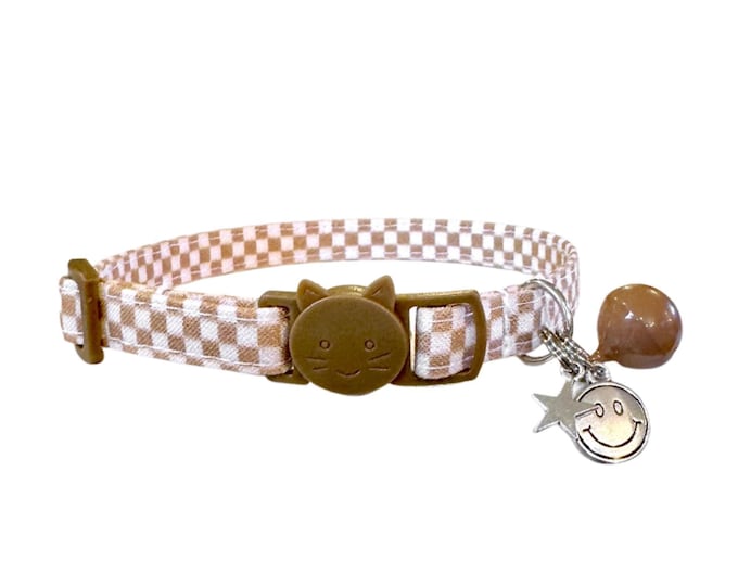 Cat Collar Checkered: Brown Plaid Pattern - Adjustable Breakaway Buckle, Soft Interfacing, Comfortable Wear