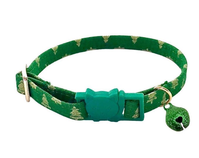 Christmas Tree Cat Collar Holiday Accessory, Festive Design (Adjustable 6-12in, Breakaway & Non-Breakaway, Bells Available)