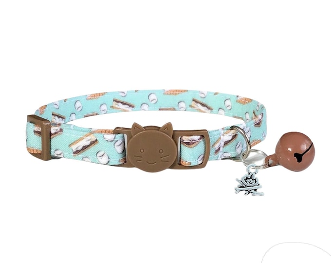 Breakaway Cat Collar S'mores - Bonfire Camping Print on Cotton Fabric with Bell and Charm