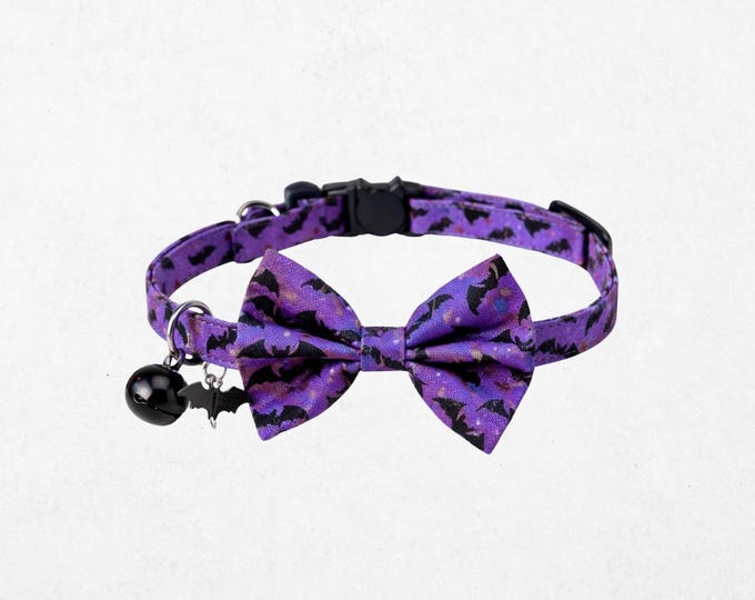 Bat Bow Cat Collar: Halloween Purple Breakaway Kitten Collar with Bell