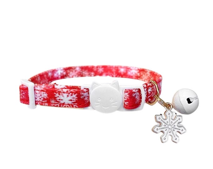 Snowflake Cat Collar with Bell & Charm, Christmas Kitten Breakaway Collar