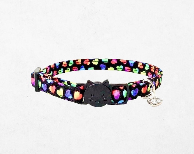 Heart Cat Collar Breakaway: Rainbow Patterned, Adjustable 7.5-12in | Lightweight Fabric, Safety Buckle, Comfortable Fit