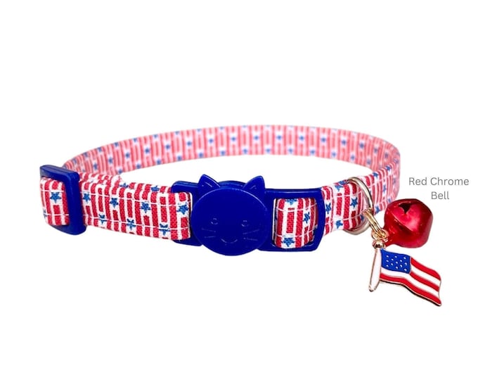 Patriotic Cat Collar: USA Flag, Breakaway Buckle, Bell & Charm