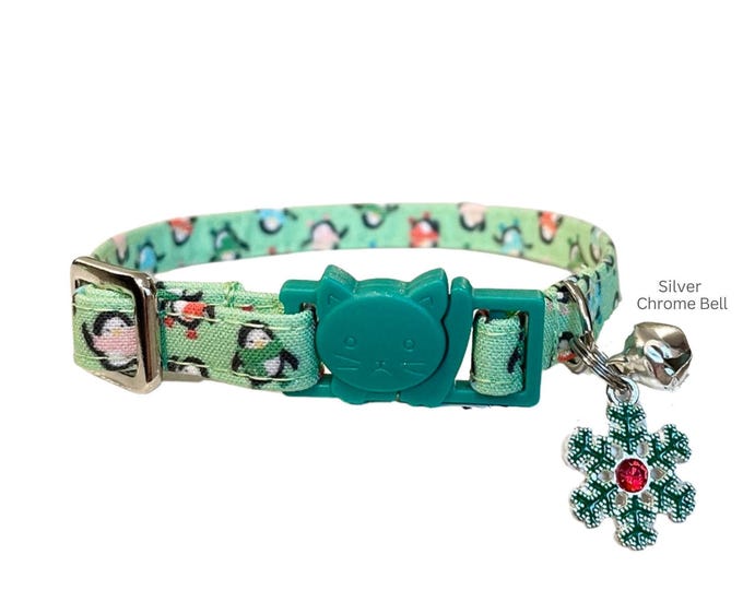 Penguin Cat Collar with Snowflake Charm, Winter Pet Collar