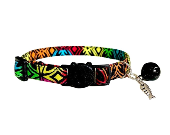 Rainbow Cat Collar with Breakaway Buckle, Fish Bone Charm
