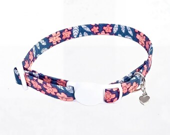 Breakaway Cat Collar, Pink Blue Floral Print, Soft Adjustable Fabric, 7.5-12" Fit, With Bell