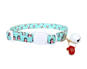 Penguin Kitten Cat Collar Adjustable, Breakaway Buckle, Festive Winter Print (Sizes 6-12", Soft Fabric)