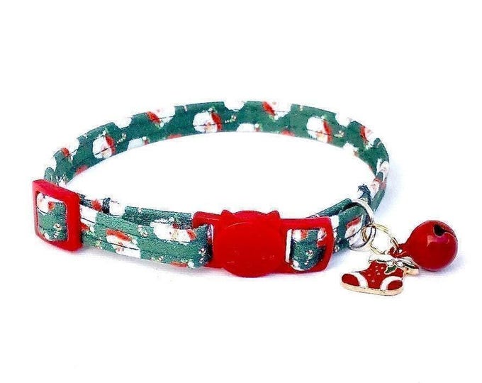 Fun Santa Kitten Collar, Holiday Safety Breakaway Buckle (Adjustable 7.5-12", Comfort Fit, Green Fabric)