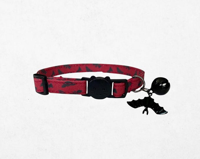 Red Bat Cat Collar Gothic Cat Accessory, Adjustable Breakaway, Safety Buckle (7.5-12", Lightweight Fabric)