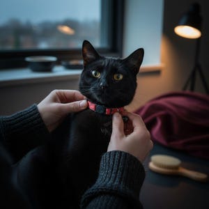 A person is gently adjusting a black cat's collar, which is red and black, in a dimly lit room with a window and a lamp in the background.