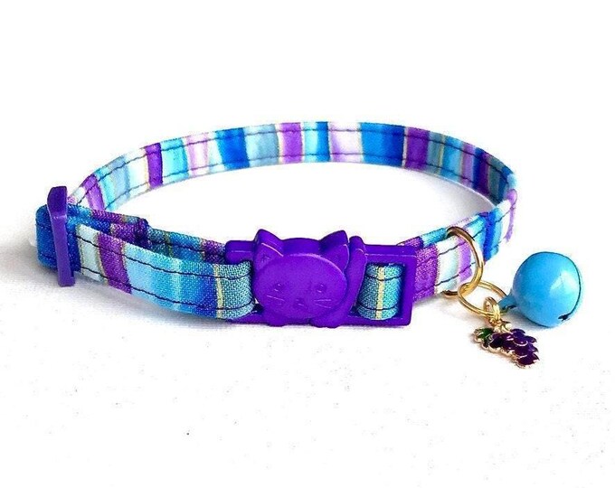 Striped Breakaway Cat Collar, Grapes Charm, Blue Turquoise Kitten Collar