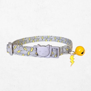 Lightning Bolt Cat Collar with Bell – Gray Clouds, Breakaway Kitten Safety Buckle & Customizable