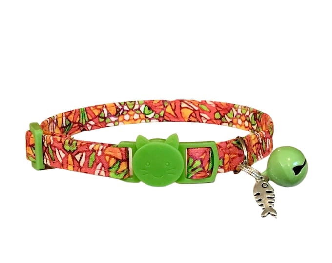 Stained Glass Cat Collar Handmade, Adjustable Safety Breakaway Buckle (7.5-12", Fabric, D-Ring Included)