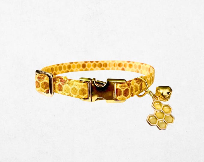 Honeycomb Cat Collar with Bee Charm & Bell, Adjustable Kitten Collar