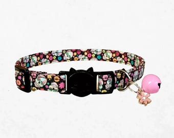 Gothic Floral Skull Cat Collar: Adjustable Comfort Fit, Breakaway Buckle with Bell & Charm - Customizable