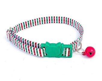 Christmas Cat Collar, Red Green Striped Breakaway Kitten Collar