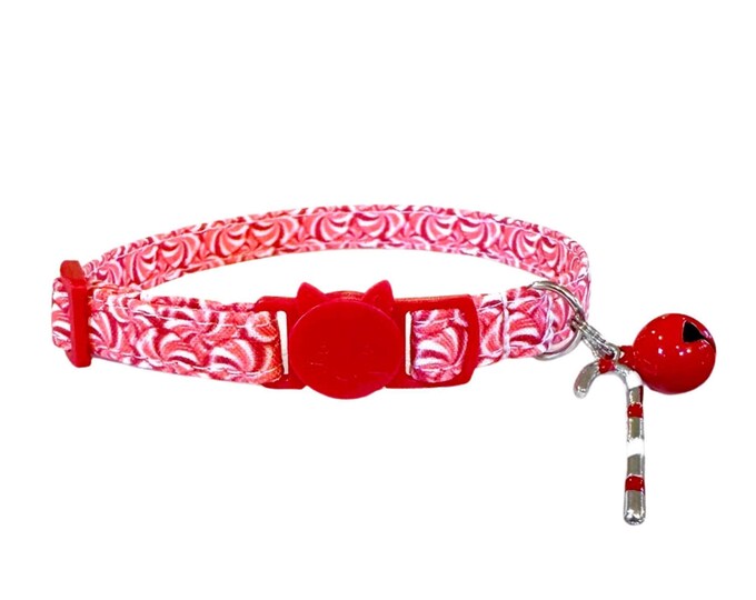 Candy Cane Cat Collar with Breakaway Buckle and Bell