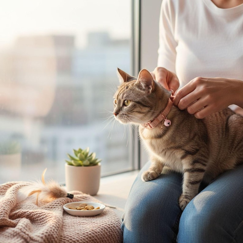 A person is sitting on a window sill, petting a cat wearing a pink collar. The cat is looking out the window, and there is a small potted plant and a bowl of cat food nearby.