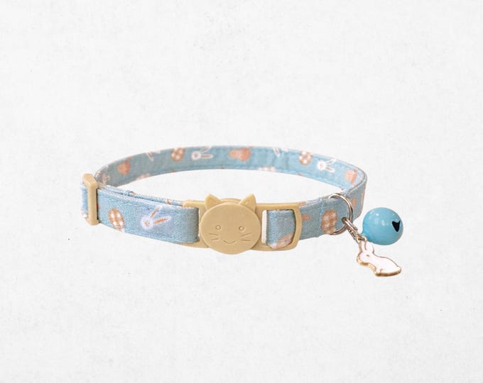 Easter Bunny Cat Collar – Blue Bunny & Egg Print, Spring, Breakaway Buckle, Adjustable