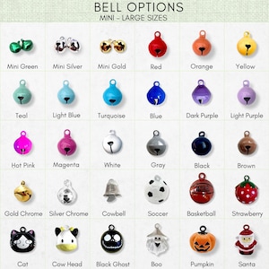 a collection of bell options, including mini bells in various colors and sizes, medium-sized bells, and large bells in different colors and styles.
