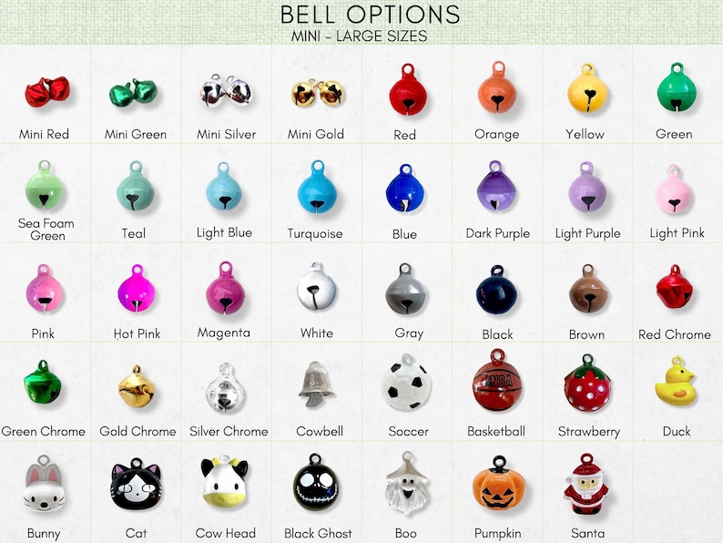a collection of bell options, including mini bells in various colors and sizes, medium-sized bells, and large bells in different colors and styles.