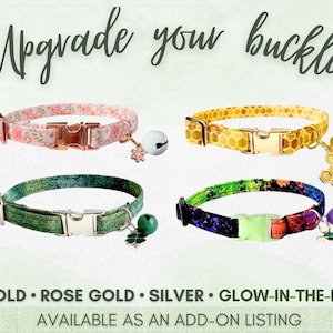 The image is an advertisement for pet accessories, featuring four colorful collars with different designs and materials. The collars are available as an upgrade to a standard collar, and they come in gold, rose gold, silver, and glow-in-the-dark colors. The collars are displayed in a collage format, showcasing the variety of options available for pet owners.