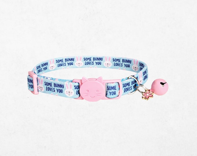 Easter Bunny Cat Collar - Blue Cotton Breakaway for Spring with Bell & Charm, Customizable