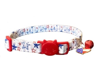 Patriotic Cat Collar, Red White Blue Stars, Breakaway Kitten Collar