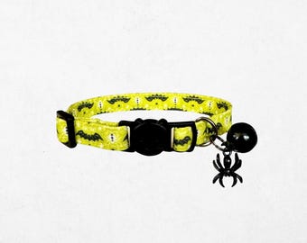 Bat & Spider Cat Collar - Breakaway Buckle, Halloween Kitten Collar with Bell and Charm