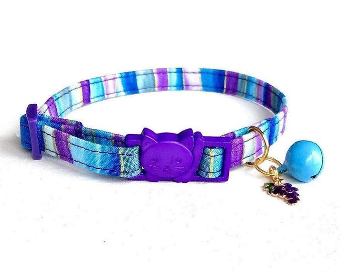 Striped Breakaway Cat Collar, Grapes Charm, Blue Turquoise Kitten Collar