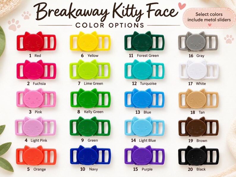 a collection of colorful cat buckle straps, each with a different color and design. The straps are arranged in a grid format, with each row representing a different color and each column representing a different type of strap. The image does not contain any text, and the descriptions provided are limited to the colors and types of the straps.